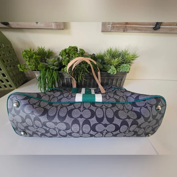 Coach Signature Stripe Large Carryall Tote-Navy Denim Look, Jade Green Stripe - Picture 8 of 16